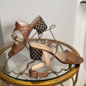 NINE WEST, Leather ankle strap sandal with woven design heal , gently worn